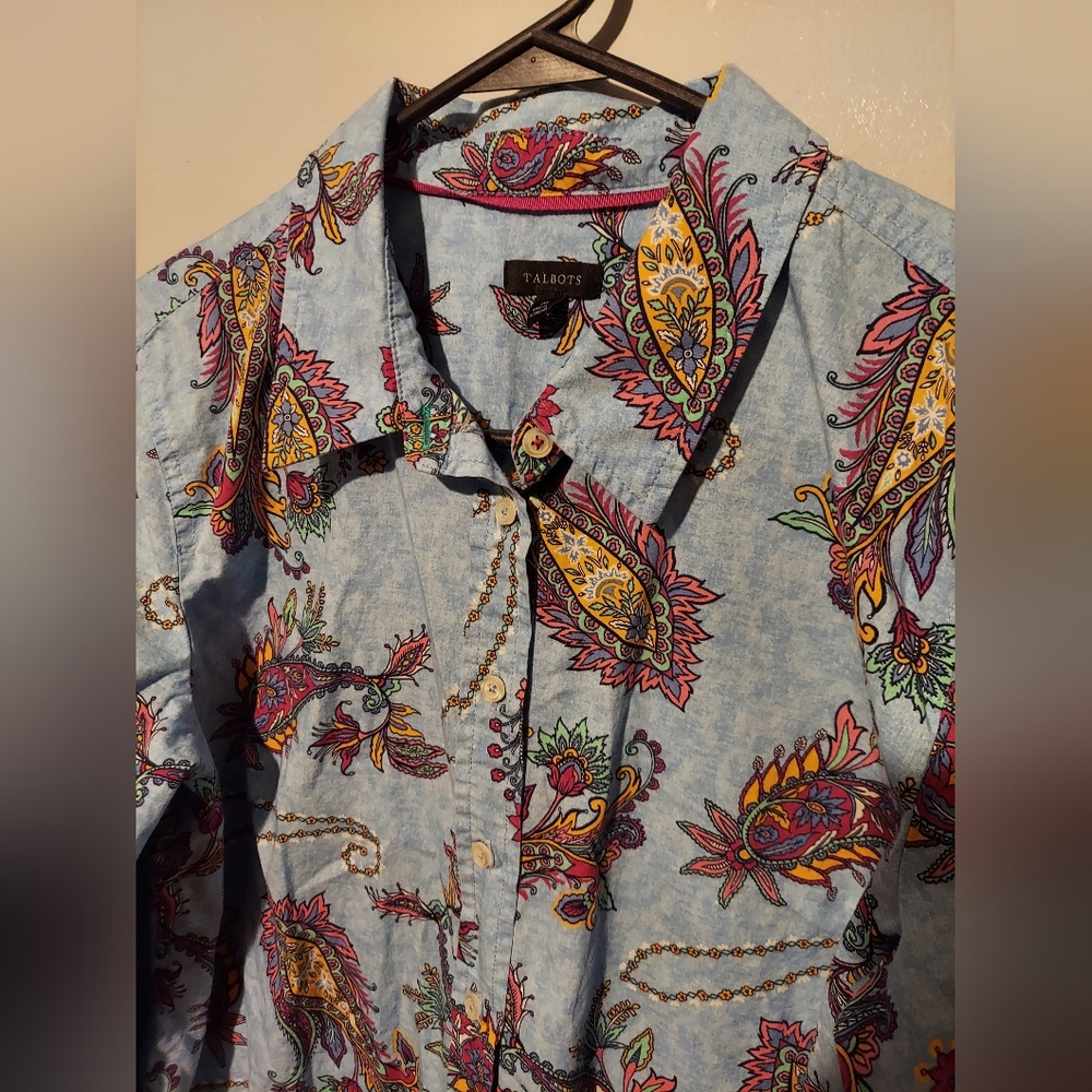 Talbots Shirt Top M Paisley Floral Button Up Cotton Preppy Garden Party Boho